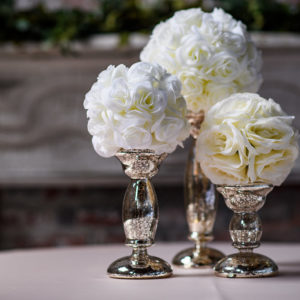 3 Piece Mercury Candle Holders w/ Off White Rose Balls.
